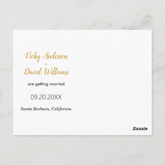 Modern gouden script bruiloft Bewaar de Date foto Briefkaart (Achterkant)