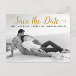 Modern gouden script bruiloft Bewaar de Date foto Briefkaart
