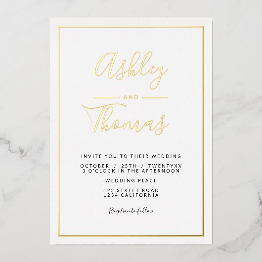 Modern gouden script foto's bruiloft geometrisch l folie uitnodiging (Voorkant)