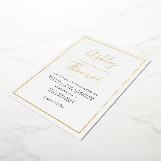 Modern gouden script foto's bruiloft geometrisch l folie uitnodiging (Gedraaid)