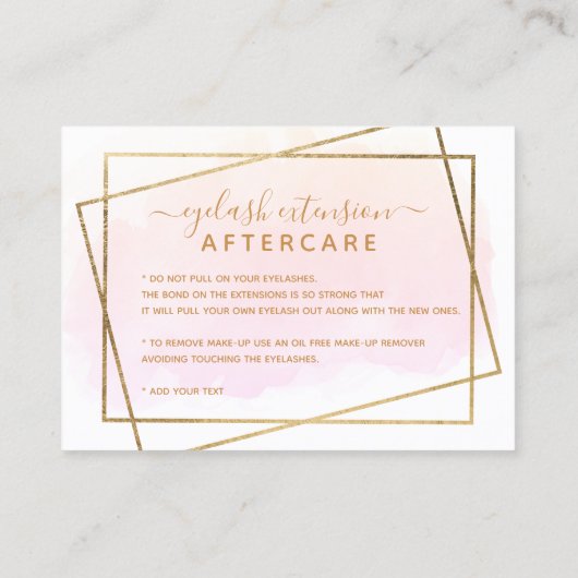 Modern gouden script roze wimper nazorg visitekaartje (Achterkant)
