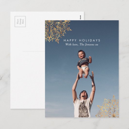 Modern Gouden sneeuwvlok familiekaart briefkaart (Voorkant / Achterkant)