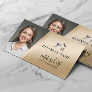 Modern Gouden Vastgoed Custom Logo Makelaar Foto Visitekaartje