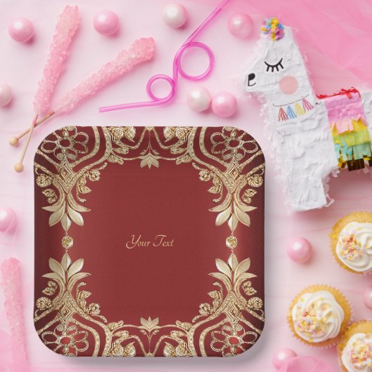 Modern goudrood bloemenpapier Bord (Feest)