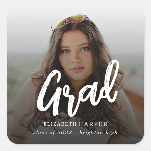 Modern Grad Brush Script Photo Graduation  Vierkante Sticker (Voorkant)