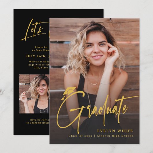 Modern Grad Cap Script 4 Photo Simple Graduation Kaart (Voorkant / Achterkant)