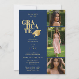 Modern Graduate Collage 3-Photos Navy Blue & Gold Kaart