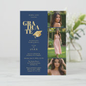Modern Graduate Collage 3-Photos Navy Blue & Gold Kaart (Staand voorkant)