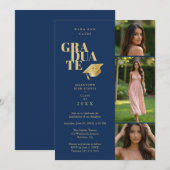 Modern Graduate Collage 3-Photos Navy Blue & Gold Kaart (Voorkant / Achterkant)