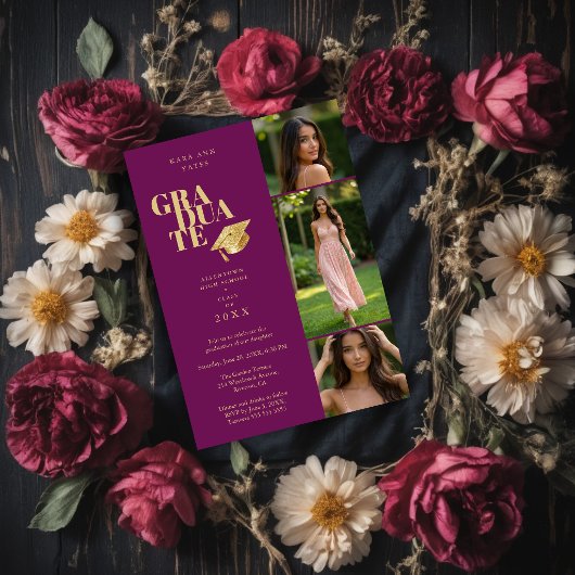 Modern Graduate Collage 3-Photos Plum & Gold Kaart