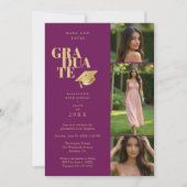 Modern Graduate Collage 3-Photos Plum & Gold Kaart (Voorkant)