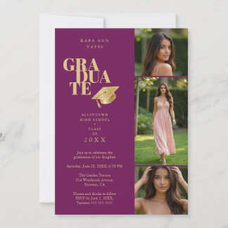 Modern Graduate Collage 3-Photos Plum & Gold Kaart