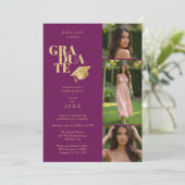 Modern Graduate Collage 3-Photos Plum & Gold Kaart (Staand voorkant)