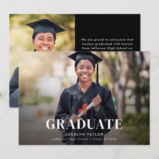 Modern Graduate Elegant Black Two Photo Graduation Aankondiging (Voorkant / Achterkant)