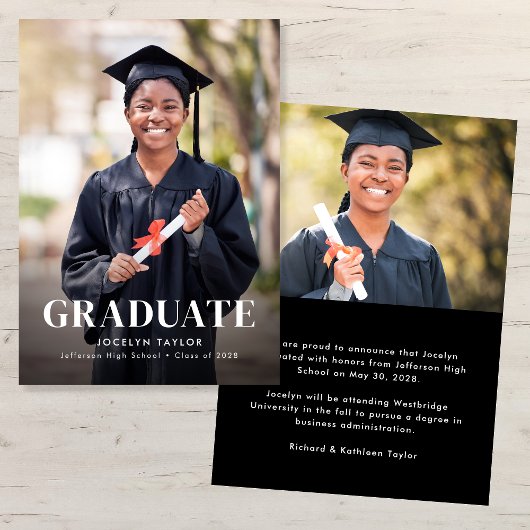 Modern Graduate Elegant Black Two Photo Graduation Aankondiging