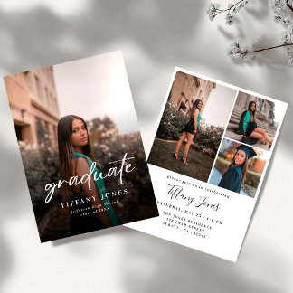 Modern Graduate White Script 4 Photos Graduation   Kaart