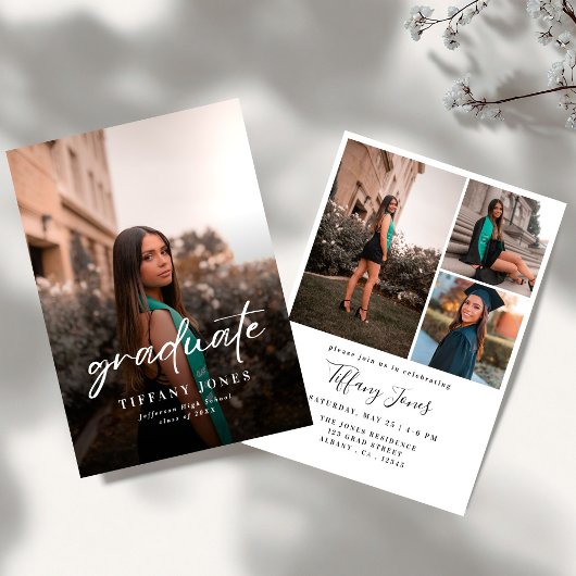 Modern Graduate White Script 4 Photos Graduation   Kaart