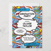 Modern Graduation Party Fun Blue Comic Book Kaart (Voorkant)
