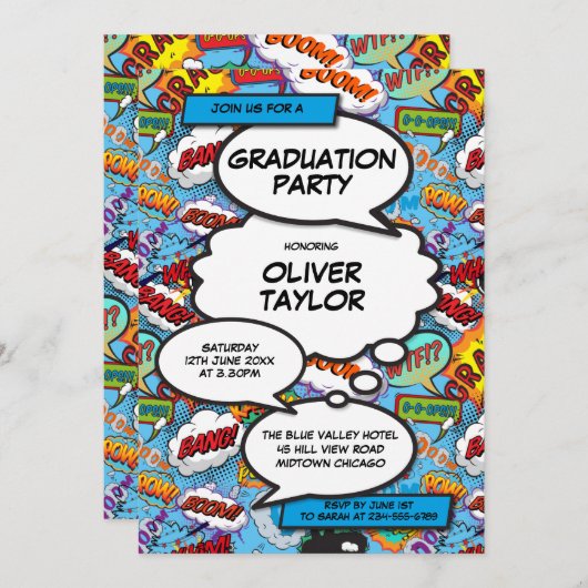 Modern Graduation Party Fun Blue Comic Book Kaart (Voorkant / Achterkant)