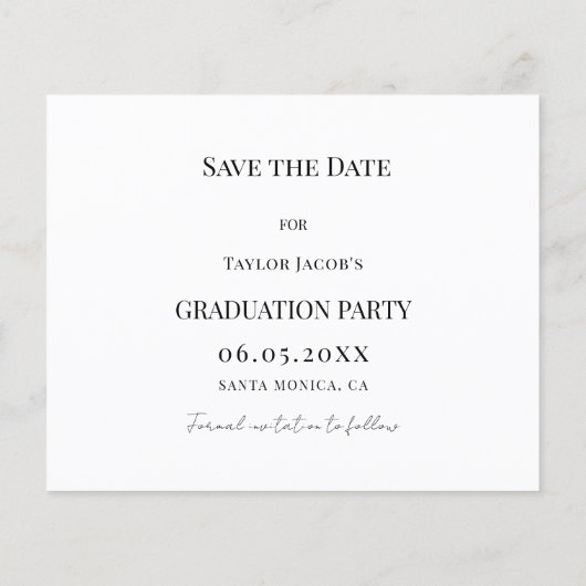Modern Graduation Party guy budget Save the Date Flyer (Achterkant)