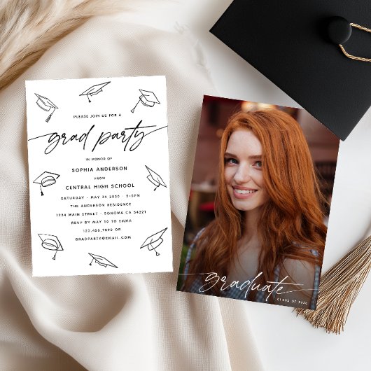 Modern Graduation Party Hand getrokken Doodle Foto Kaart