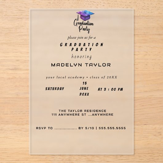 Modern Graduation Party Invitation – Elegant Pet & Acryl Uitnodigingen (Voorkant)