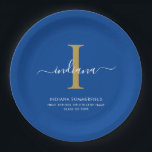 Modern Graduation Party Monogram Blue Minimalist Papieren Bordje<br><div class="desc">Graduation 2026 Monogram Script Initial Name Grad Party Blue paper plates. Edit and customize with your own name,  initial,  school name and class by clicking the "Personalize" button.</div>