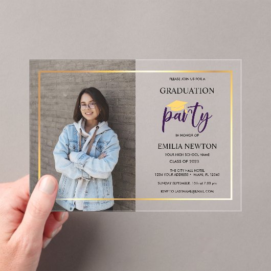MODERN GRADUATION PARTY PET FOTO ACRYL UITNODIGINGEN (Insitu (Draagbaar))
