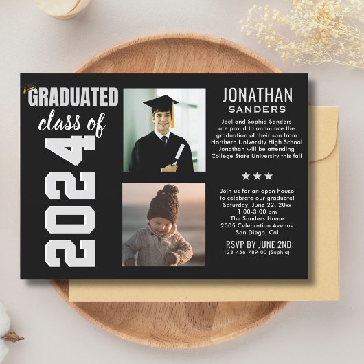 Modern Graduation Party with 2 Photos in Black Kaart