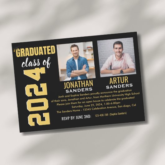 Modern Graduation Party with 2 Photos in Black Kaart