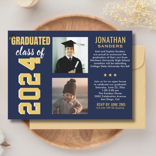 Modern Graduation Party with 2 Photos in Blue Kaart