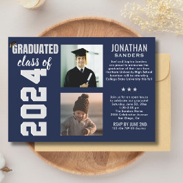 Modern Graduation Party with 2 Photos in Blue Kaart