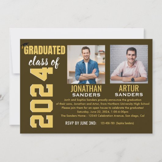 Modern Graduation Party with 2 Photos in Brown Kaart (Voorkant)
