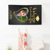 Modern Graduation Party Zwart Goud Foto Welkom Spandoek (Insitu)