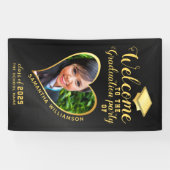 Modern Graduation Party Zwart Goud Foto Welkom Spandoek (Horizontaal)