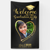 Modern Graduation Party Zwart Goud Foto Welkom Spandoek (Verticaal)
