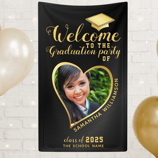Modern Graduation Party Zwart Goud Foto Welkom Spandoek