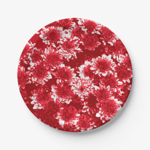 Modern grafisch dahlia patroon, donkerrood en wit papieren bordje
