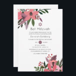 Modern Grandeur Plum en Pink Floral Bat Mitzvah Kaart<br><div class="desc">Vettige en heldere trendy kleurpareltjes in het wild bloemen met een moderne typografie met groene en rode bessen.</div>