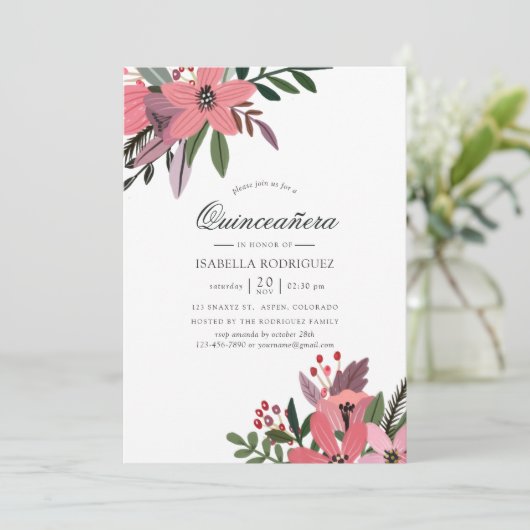 Modern Grandeur Plum en Pink Floral Quinceañera Kaart (Staand voorkant)