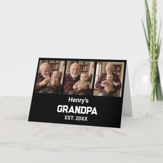 Modern Grandpa Est. Name Year 3 Photo Card Kaart (Voorkant)