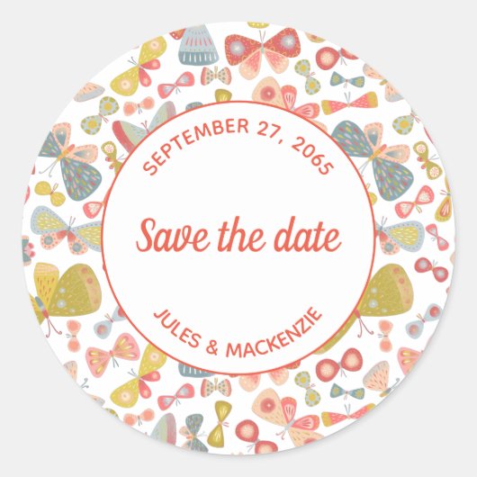 Modern Graphic Butterfly Pattern Save the Date Ronde Sticker (Voorkant)