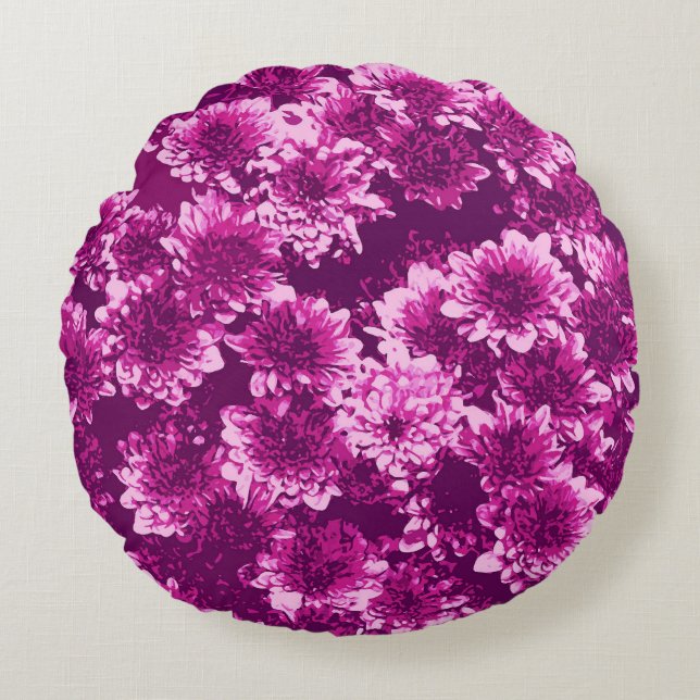 Modern Graphic Dahlia Pattern, Amethyst Paars Rond Kussen (Voorkant)