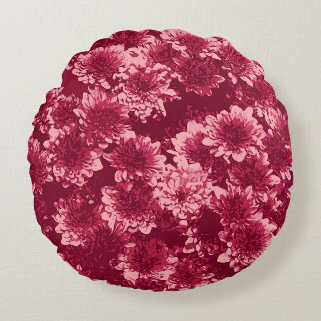 Modern Graphic Dahlia Pattern, Bourgogne en Roze Rond Kussen (Voorkant)