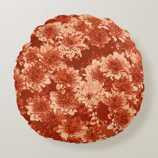 Modern Graphic Dahlia Pattern, Mandarijns Oranje Rond Kussen (Voorkant)