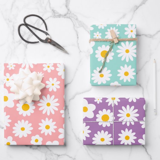 Modern Graphic Daisy Roze Blauw & Paarse Pastel Inpakpapier Vel (Voorkant)