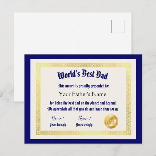 Modern Grappige Werelds Beste Vader Certificaat Briefkaart (Voorkant / Achterkant)
