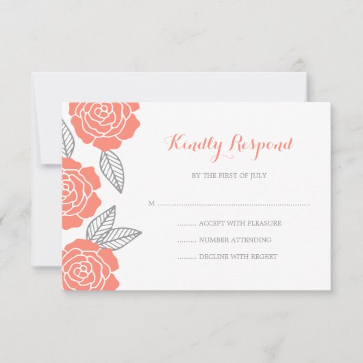 Modern Gray and Coral Roos Wedding RSVP (Voorkant)