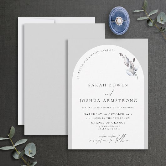 Modern Gray Arch Botanical Script Weddenschap Kaart