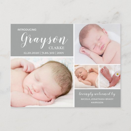 Modern Gray Birth Announcement Briefkaart (Voorkant)